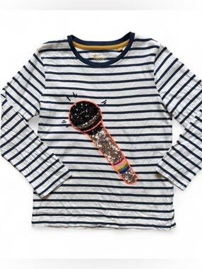 Boden | Navy & White Stripe Long-Sleeve Top with Sequin Microphone | 5-6